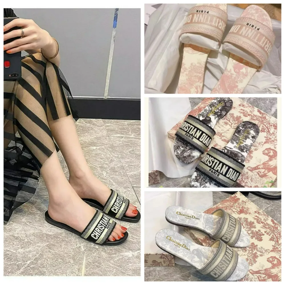 Fashionable flat bottom non slip slippers for women wearing letters embroidered beach vacation 2026