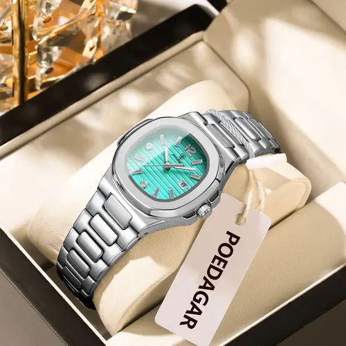 Imagen 2 del producto Reloj de pulsera POEDAGAR cuadrado de lujo para mujer, reloj luminoso resistente al agua con fecha de acero inoxidable para mujer, relojes de cuarzo a la moda para mujer