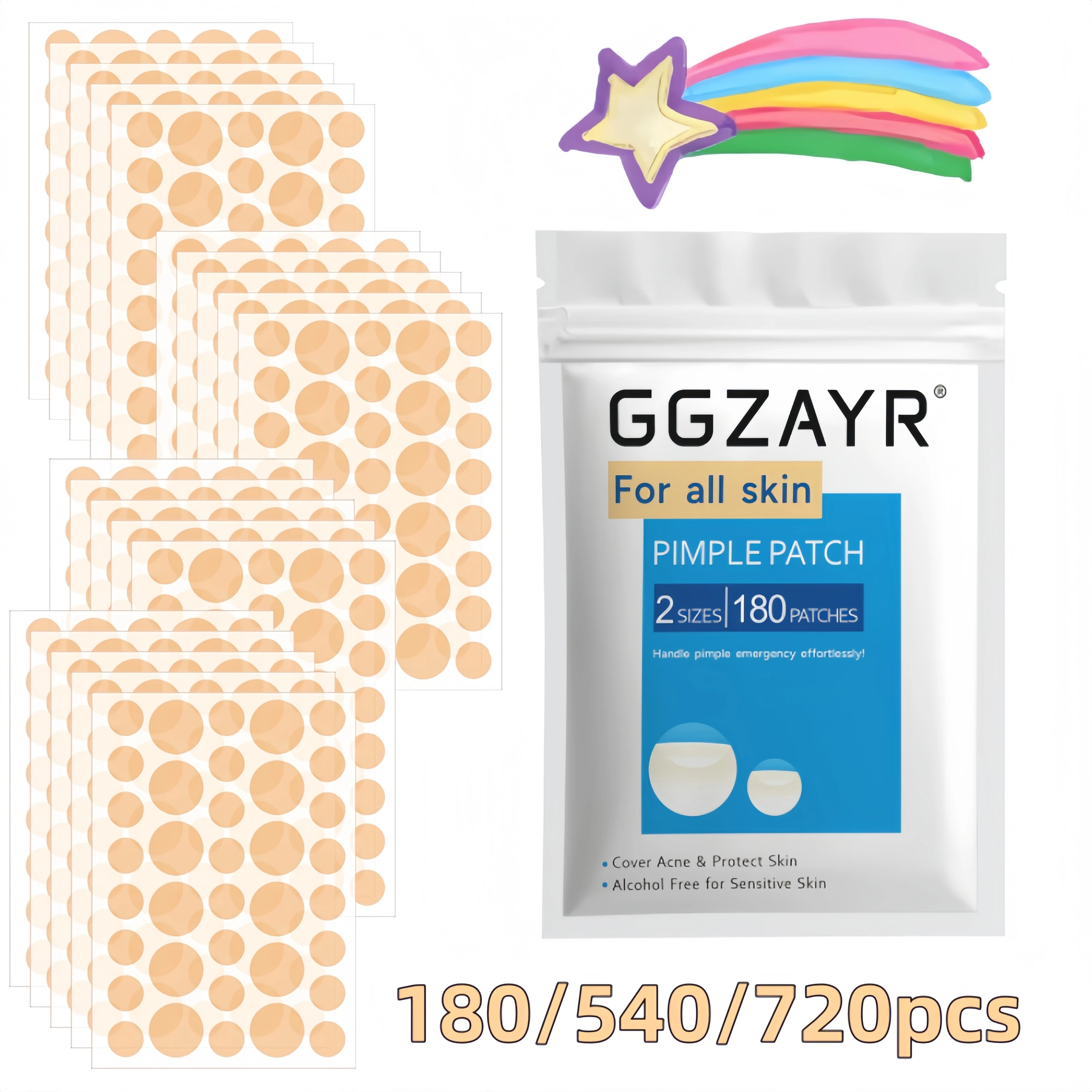 

180/540/720pcs Skin Tone Acne Patches, Multi-Size Invisible Hydrocolloid Blemish Dots for All Skin Types, Natural Seamless Blend