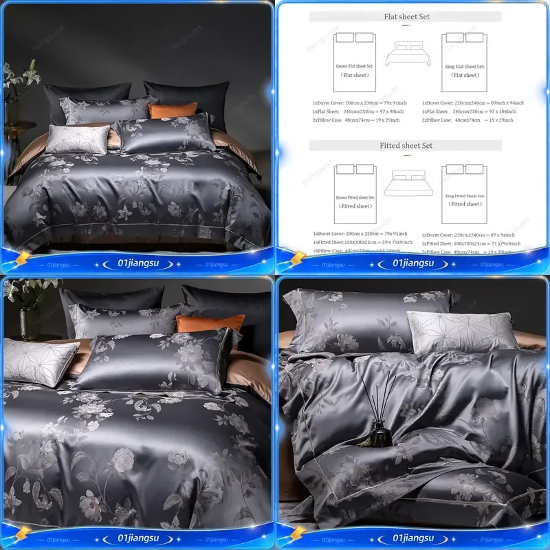 1400TC Egyptian Cotton Bedding Set Luxury Yarn Dyed Floral Jacquard Silky Duvet Cover Flat Fitted Sheet Pillowcases 4 Piece
