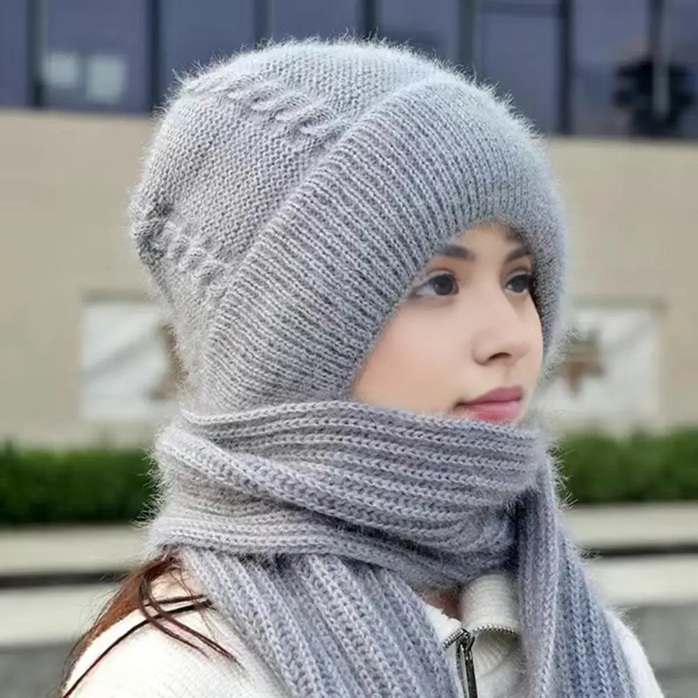 Acrylic Fabric Hat Cozy Knitted Winter Hat With Long Scarf For Women Windproof Outdoor Travel Cap With Full Thick