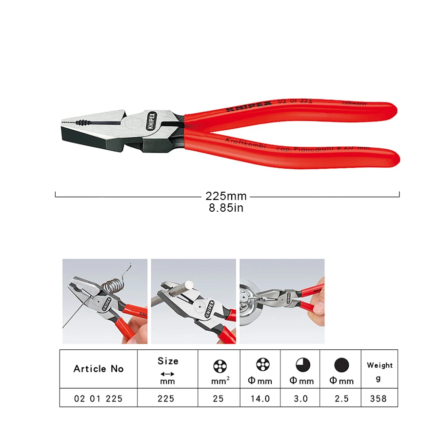 KNIPEX High Leverage Combination Pliers for Easier Cutting Powerful Gripping Bending and Pulling 0201225