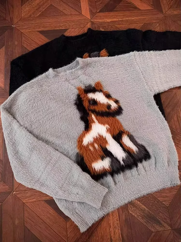 Suéter Retro Americano de Gamuza con Parches Tejidos, Estilo Hoado para Hombre, Estilo Pareja, Cuello Redondo, Manga Larga,...