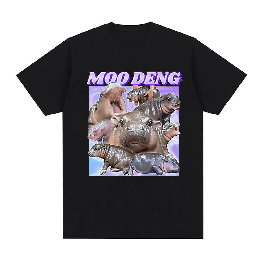 Baby Hippo Moo Deng Funny Meme T Shirt Men's Fashion O-Neck Short Sleeve T-shirts Unisex Harajuku 100% Cotton Oversized  T-shirt