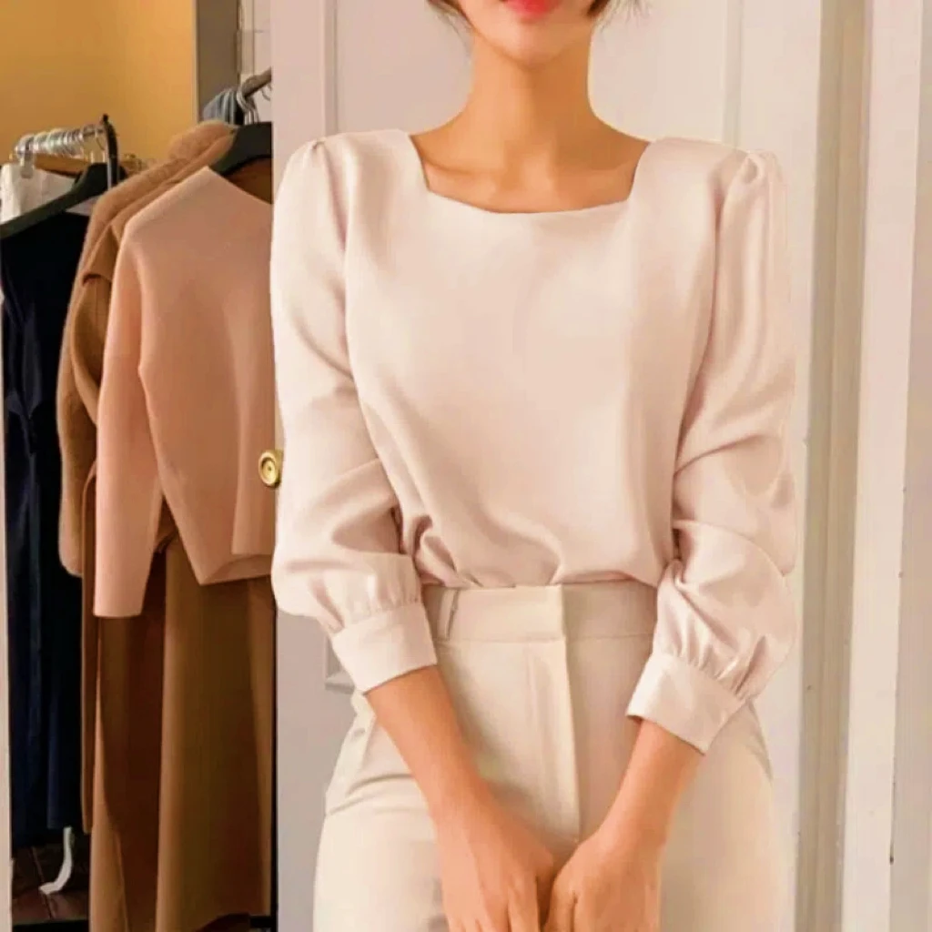

Elegant Square Collar Blouse for Women, Casual Loose Tops, Puff Sleeve, Simple Shirts, Spring and Autumn Fashion, 2024 New 8276