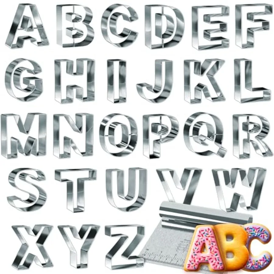 

Stainless Steel Alphabet Cookie Cutter Set Big 3.5 Inch English Letters 26 Large ABC Cookie Cutters with Bonus Dough Cutter