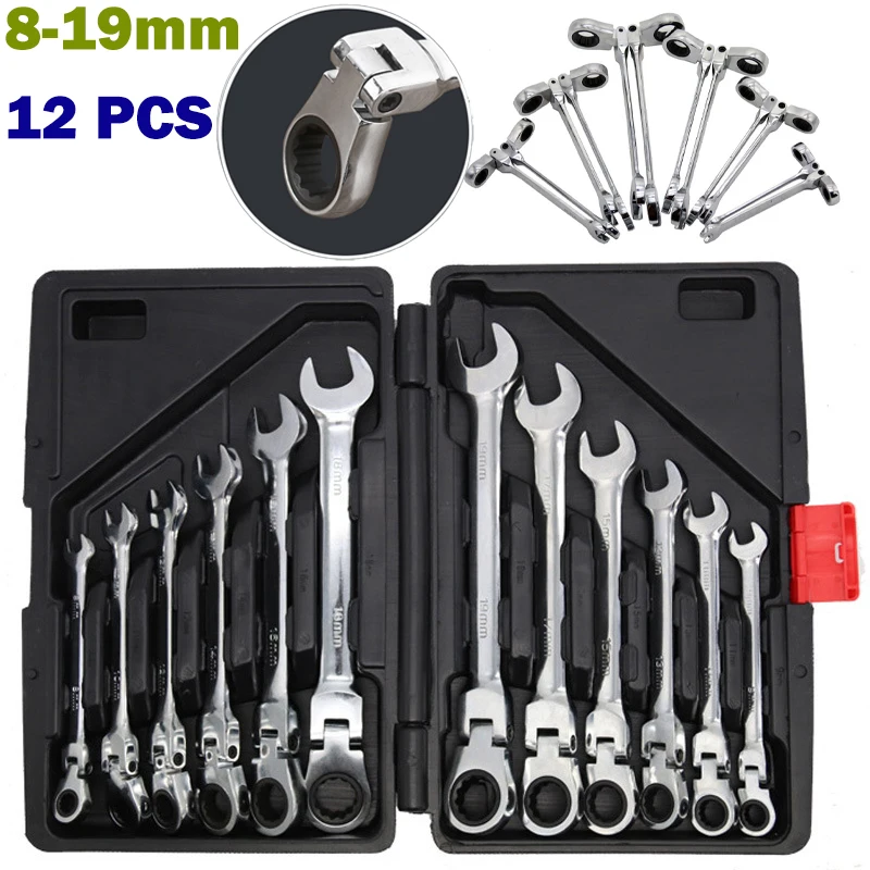 12PCS Dual Purpose Ratchet Wrench Set 8-19mm Adjustable Folding Torque Nut Key Mechanical Workshop Auto Repair Hand Tools