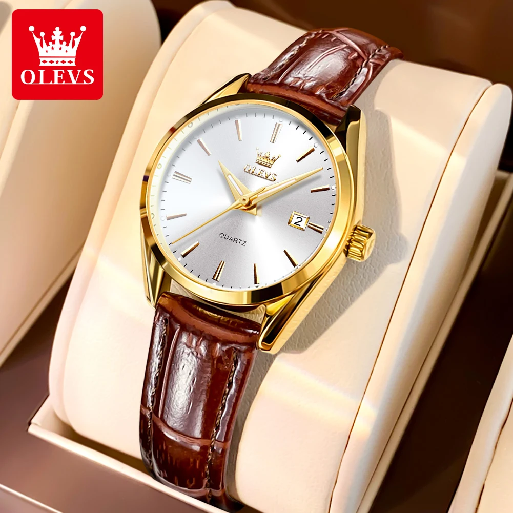 OLEVS 6898 Womens Watch Original Fashion Brand Quartz Wristwatch Waterproof Luminous Leather Strap  Dual Calendar Ldies Watch