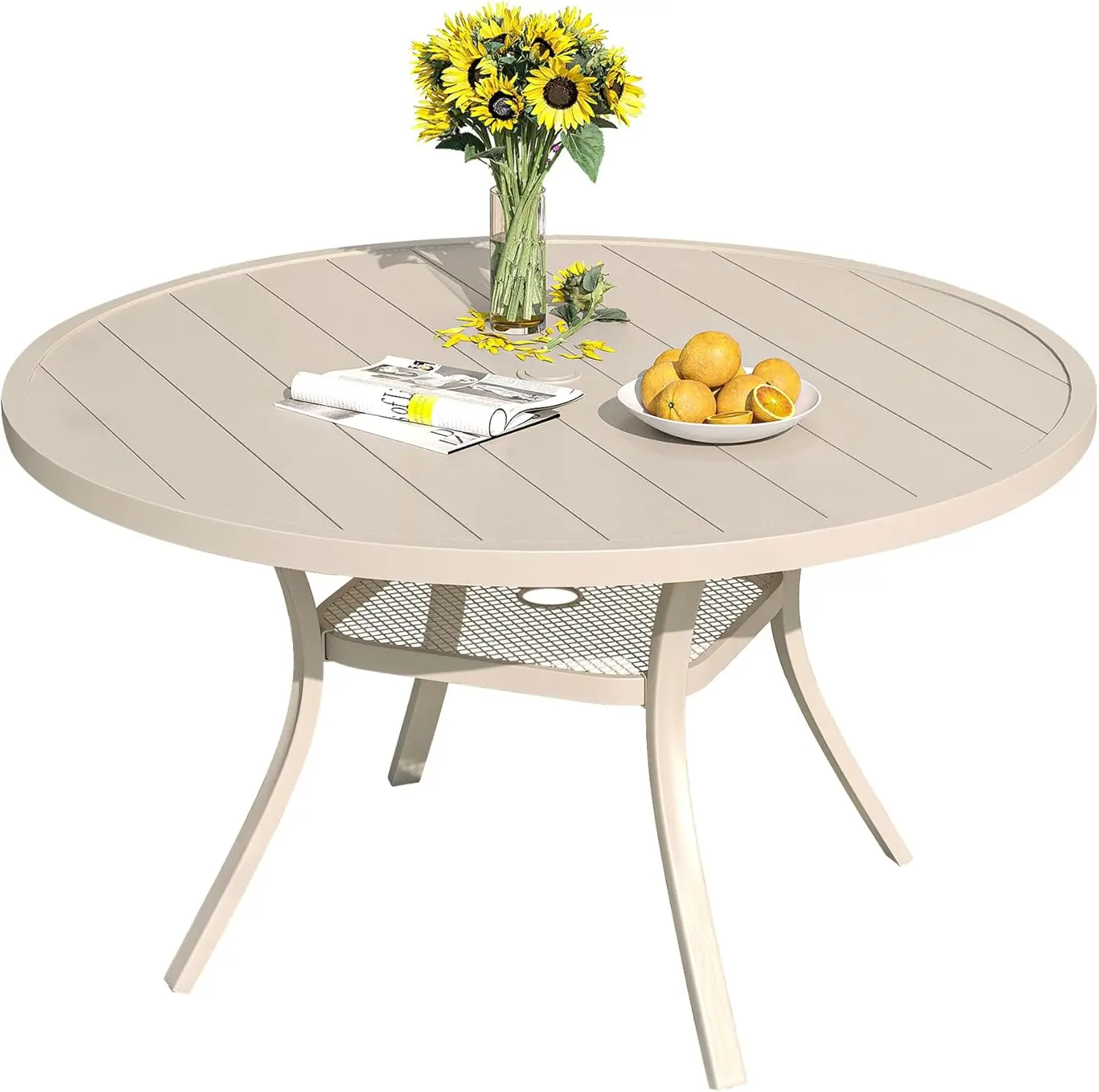 Table à manger ronde de patio de 48 po pour 6, table à manger extérieure en métal avec trou pour parasol de 1,57 po pour jardin de pelouse arrière-cour, coque de sable