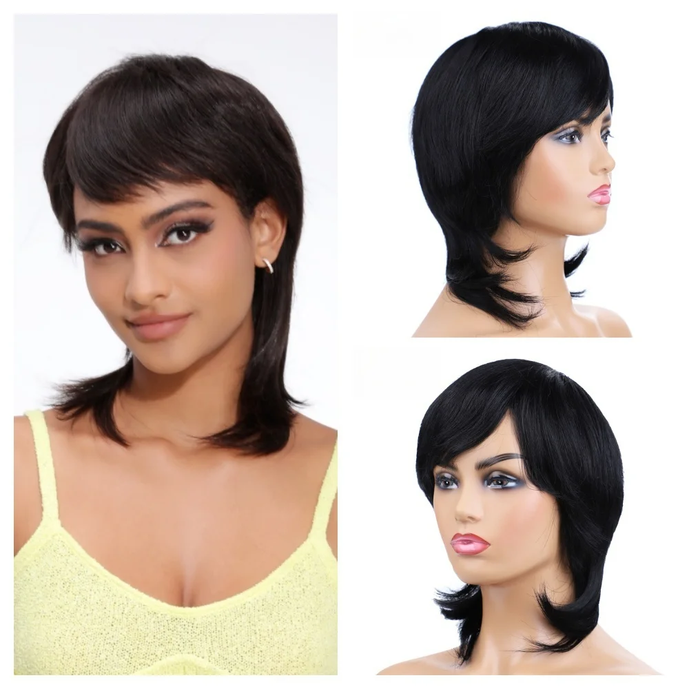 

Лида, бразильские короткие парики из натуральных волос, прямой парик Remy до плеч с свободной боковой челкой, машинное производство для женщин, натуральные волнистые