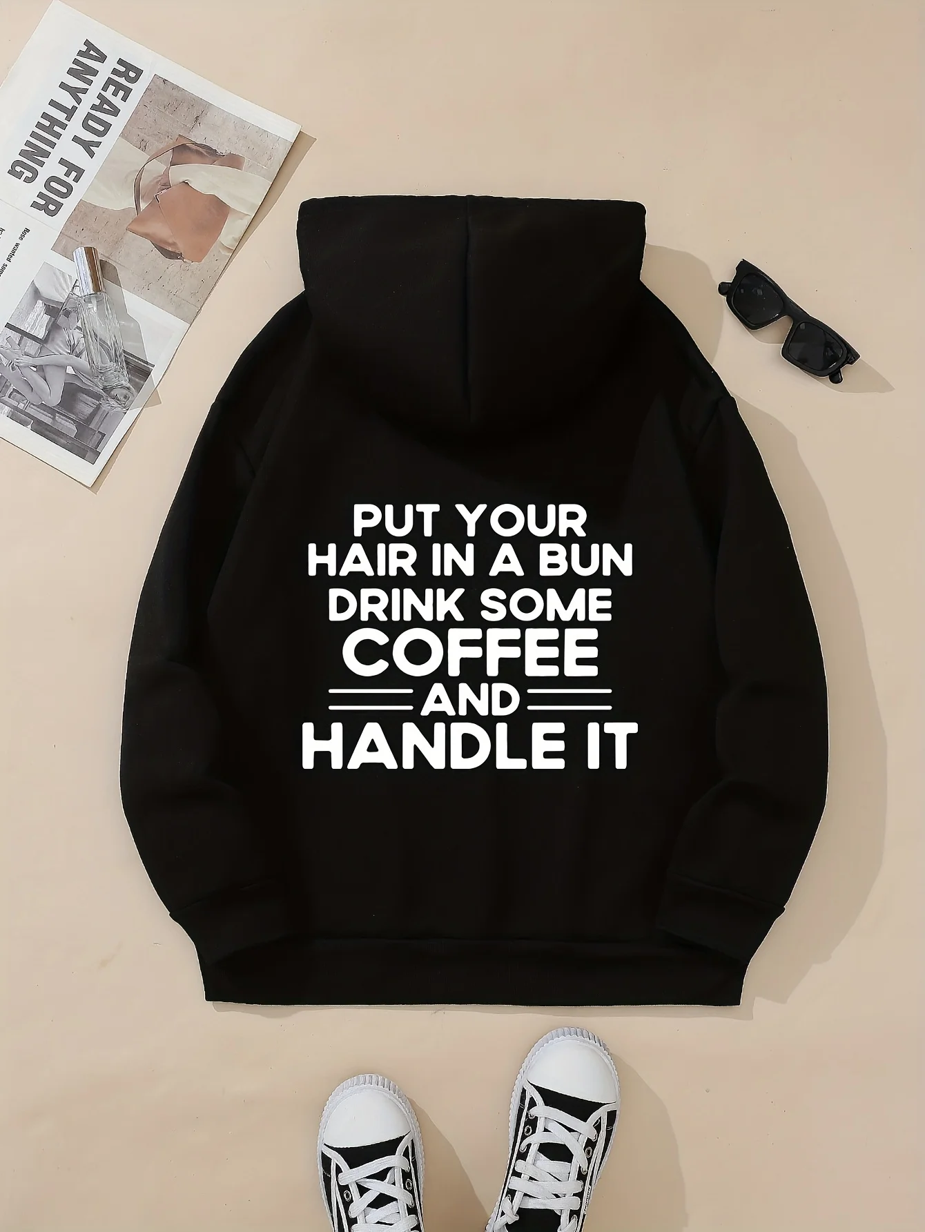 

Loose-fitting hooded sweater, fun coffee slogan print and kangaroo pocket - black and white letter design, hooded sweater