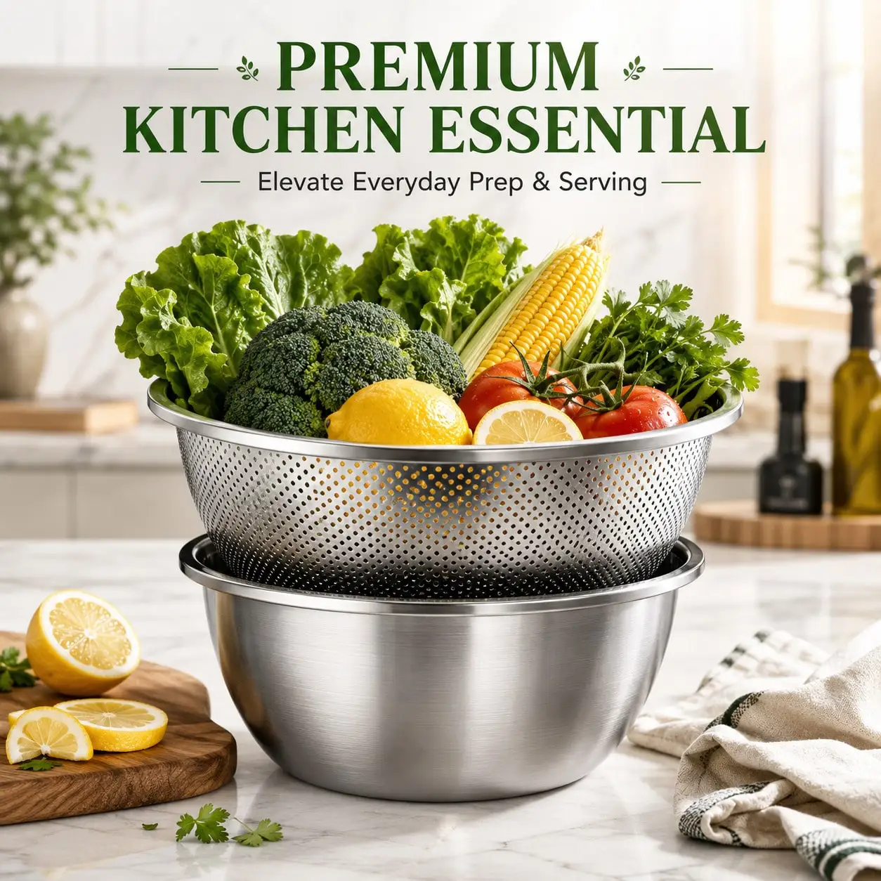 2Pcs (1 Colander + 1 Mixing Bowl) 3QT Stainless Steel Colander Bowl Set, Large Capacity 2-In-1 Mixing Bowl With Fine Mesh Strainer, Rice Washing Bowl, Vegetable Fruit Washer, Pasta Drainer, Dishwasher Kitchen Tool