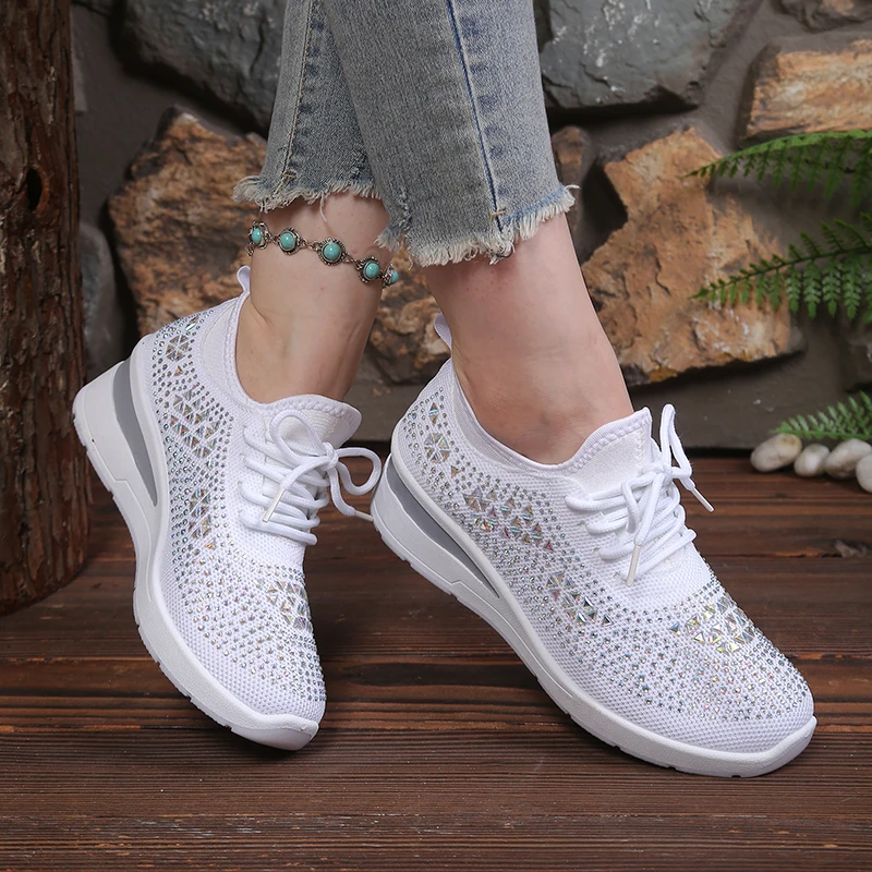 Women's Sparkly Rhinestone Wedge Sneakers Breathable Mesh Lace-Up Casual Walking Footwear image 5