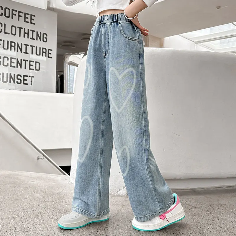 High Quality Big Girls New Arrival Jeans with Heart Pattern 2024 Spring Autumn Fashion Wide Leg Pants Kids School Loose Trousers