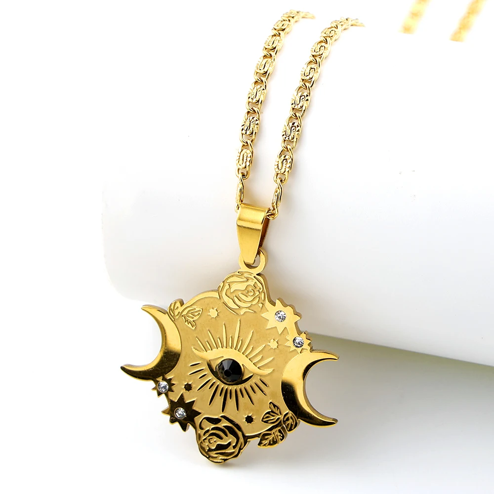 Triple Moon Goddess Black Evil Eye Pendant Necklace for Women Men Stainless Steel Gold Color Star Rose Flower Chain Jewelry Gift