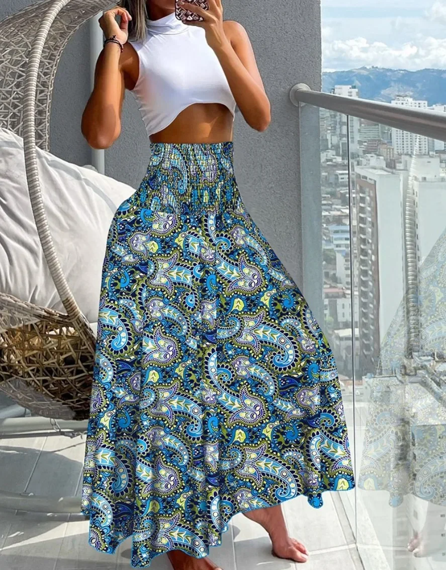 Damen Maxirock mit Smok-Details, hoher Taille und Paisley-Print – Fließender A-Linien-Rock für Strandurlaub und Freizeit – Detail 14