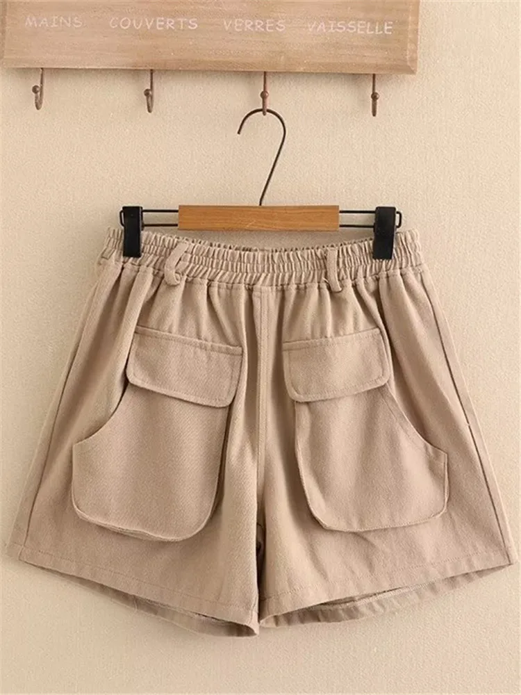 Plus Size Women's Summer Shorts Twill Blend Cotton Wide Leg Shorts With Large Pockets At The Front Sides Loose Fitting Thin Pant