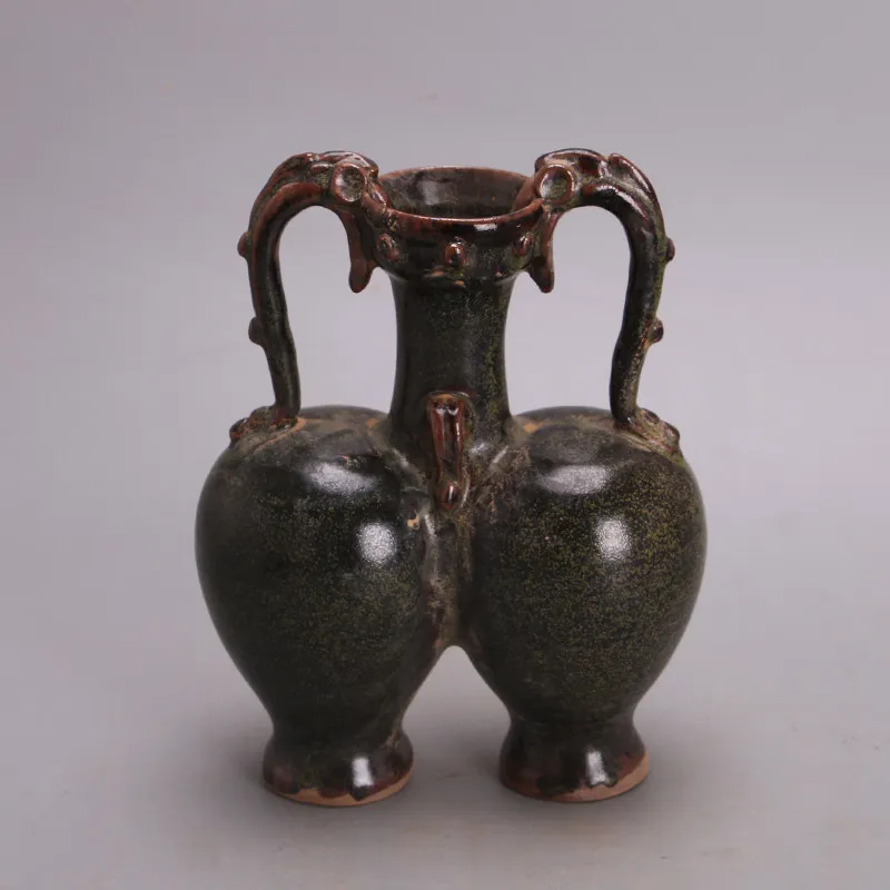 Yue Ware Tea Dust Glaze Double Ear Dragon Pattern Twin Vases Vintage Style Home Decor