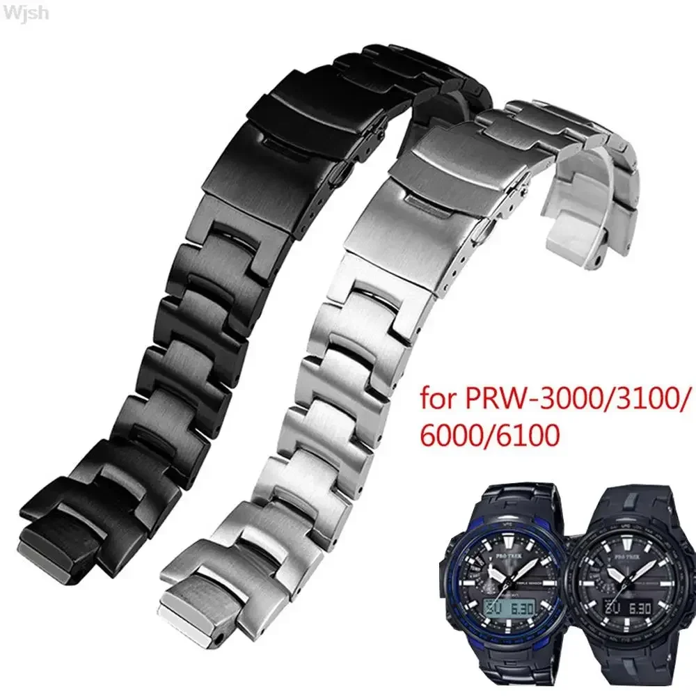 16mm Solid Stainless Steel Watch Band for Casio PROTREK Series PRW-3000\3100\6000\6100 Men Outdoors Metal Wrist Straps  Bracelet