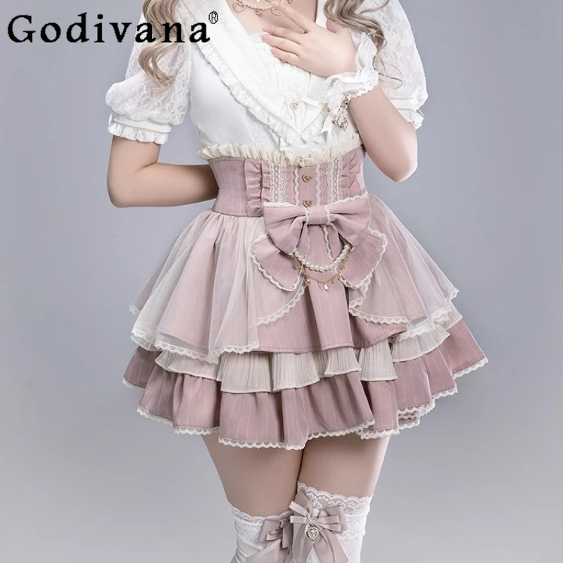 

Japanese Style Mass Production Mine Lolita Mini Skirt Autumn New Girl's Sweet Cute Bow Pearl Chain Princess Skirt Y2K Cake Skirt