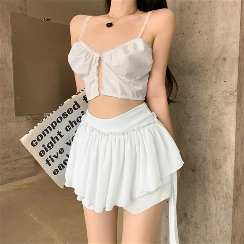 White Blue Chiffon Short Kawaii Skirt A-Line Ruffles Casual Mini Skirt Beach Summer