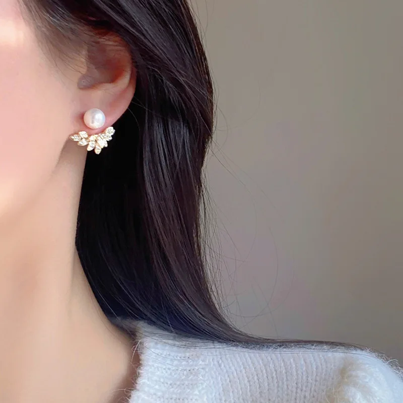 925 Silver Needle Back Hanging Crystal Petal Earrings For Women Korean Jewelry 2024 Trending New Luxury Pearl Stud Earrings Gift