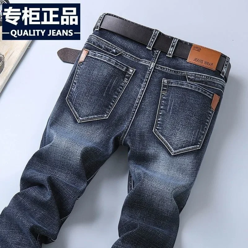

Новые эластичные мужские джинсы с прямыми штанинами, деловые универсальные джинсовые рабочие брюки больших размеров с высокой талией для мужчин среднего и пожилого возраста
