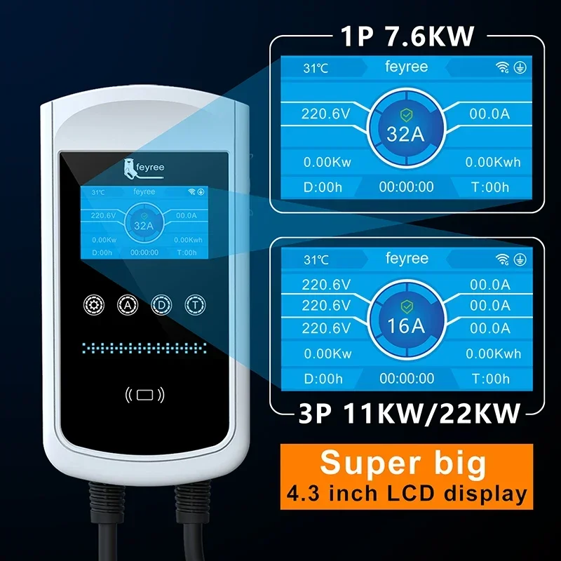 Feyree 22KW 32A Type2 شاحن EV 11KW 3P EVSE Wallbox 7.6KW 1P 4.3 بوصة شاشة جديدة الذكية APP التحكم محطة شحن شاحن سيارة