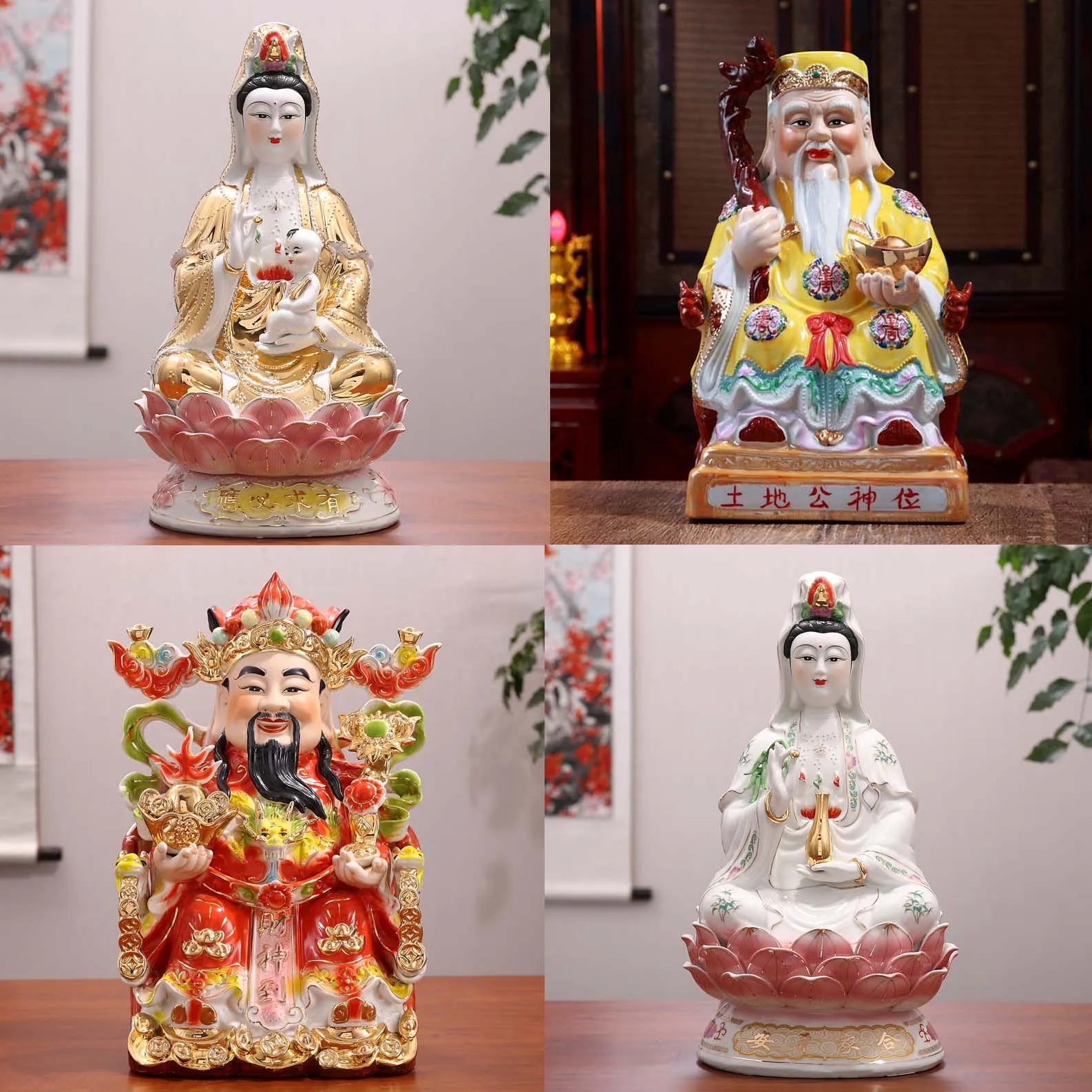 Wholesale Buddha statues Family worship TU DI GONG God of wealth PING AN SONG ZI GUAN YIN statue Bring good luck Recruit wealth