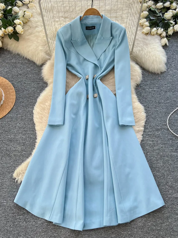 Retro Damesachtige Double-Breasted Pak Kraag Windjack Dr Afslanken Hoge Taille A-lijn Rok Lange Sve Herfst Winter Dr