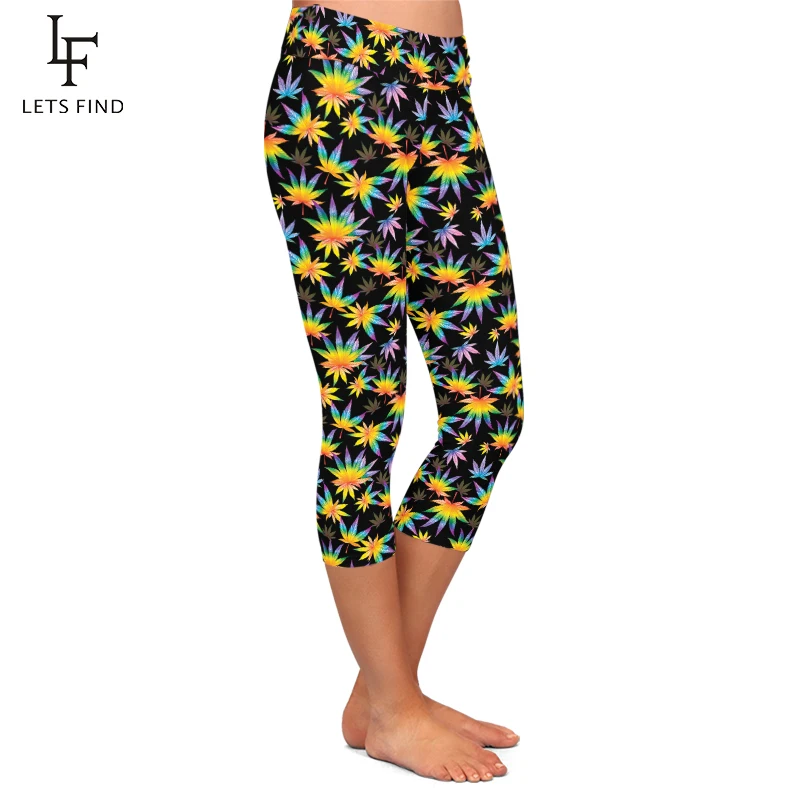 Letsfind alta quaility 220gsm leite impressão de seda 3d folha impressão capri leggings de cintura alta meados de bezerro leggings estiramento