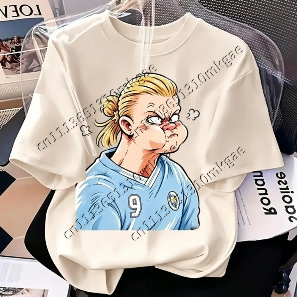 Cute Angry Haaland Cartoon T Shirt Unisex Manchester City No.9 Funny Meme Tee Summer Short Sleeve Casual Street Kids Sports Tops