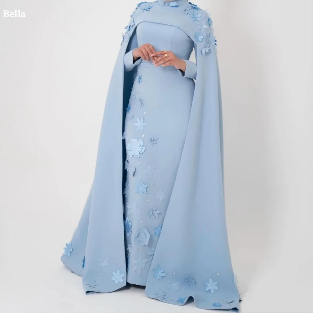 

Bella Customized Blue 3D Flowers Shawl Two-Piece Set robes de soirée Long Sleeves Party Dresses Floor-Length Prom Dress 2025