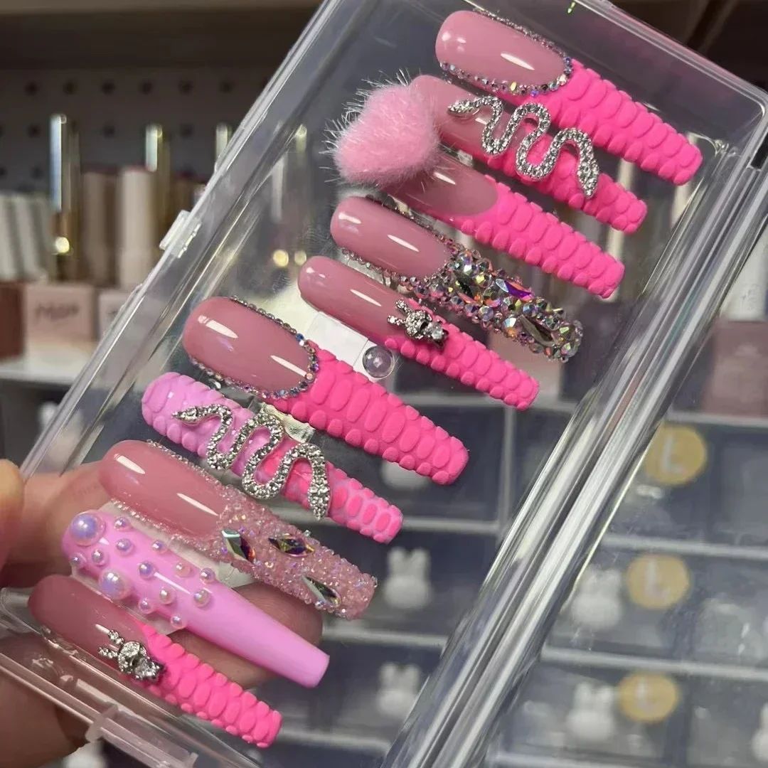 Hecho a mano 10CM púrpura Y2K largo cuadrado prensa en uñas personalizado XXXL acrílico puntas de uñas postizas Bling uñas postizas con pegamento fiesta