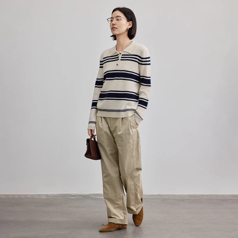 秋冬レディース100％カシミヤセーターポロカラーレトロストライプパーカーソフト快適暖かい高級カシミヤニット服