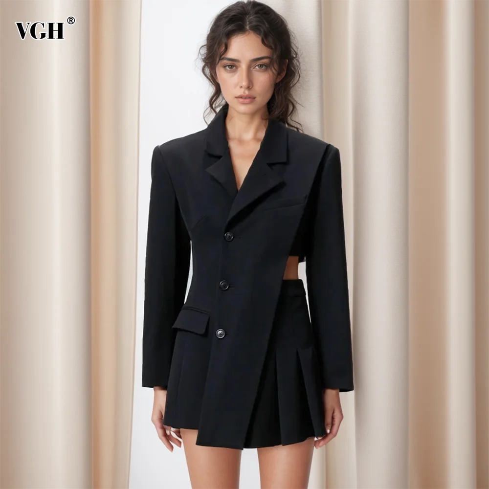 

VGH Black Patchwork Irregular Hem Jacket Notched Collar Long Sleeve Hollow Out Elegant Blazer Female Fashion New Clothing