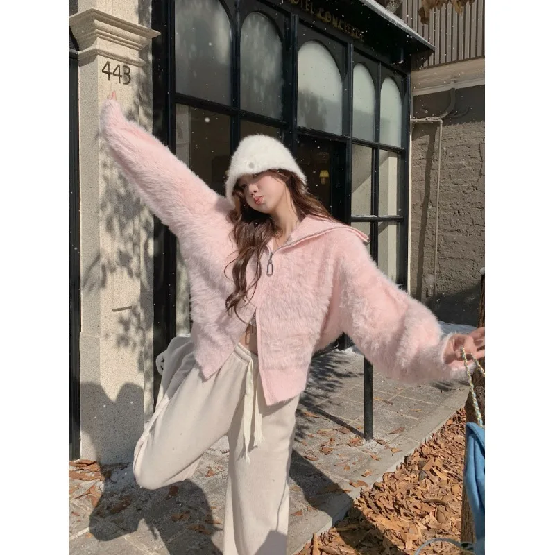 Pink Short Faux Mink Sweater Women Autumn Winter Soft Loose Cardigan Korean Female Chic Knit Coat