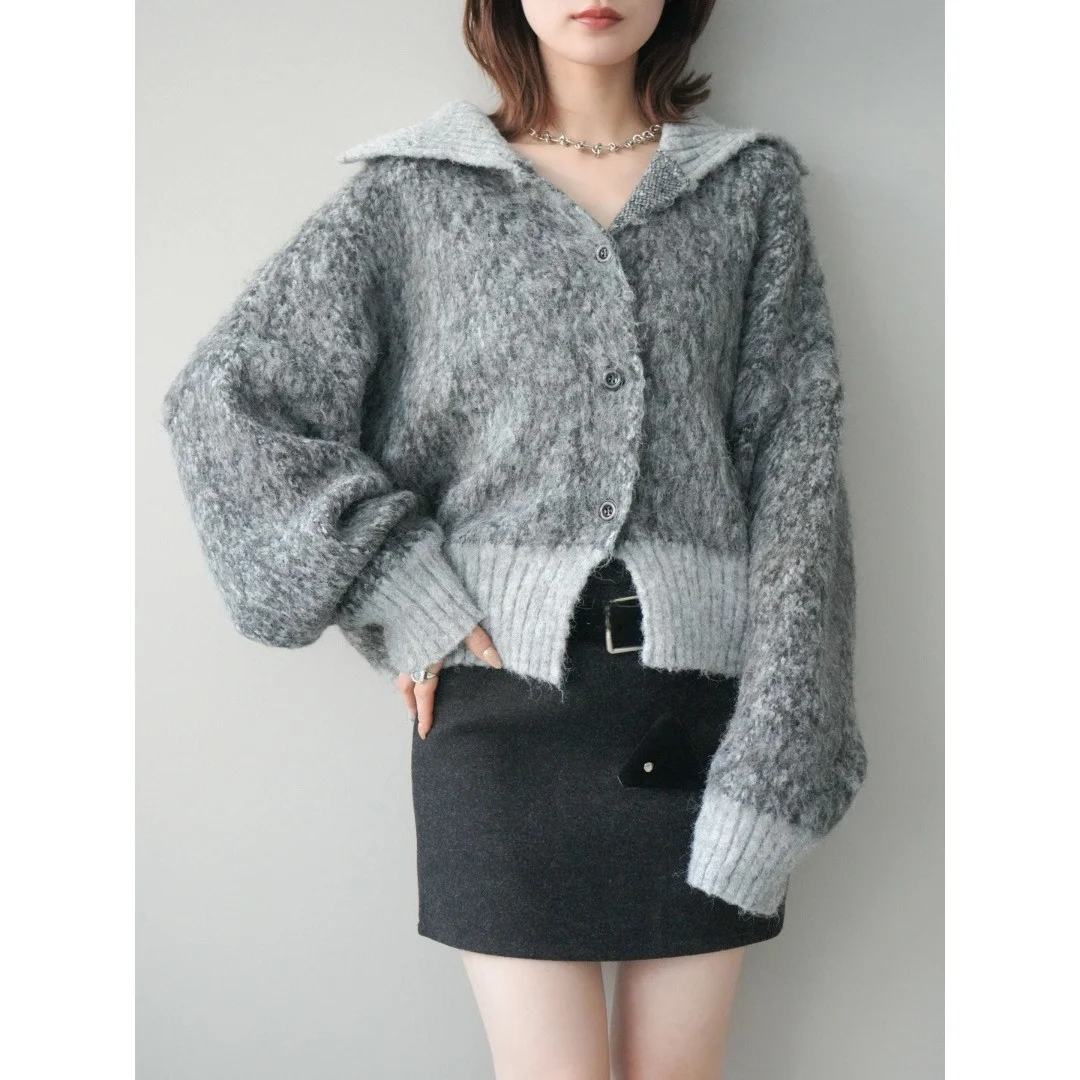 

Женский вязаный свитер свободного кроя в стиле кэжуал с воротником, универсальная верхняя одежда для делового повседневного стиля, из полиэфирного волокна, окрашенный методом дай-вай-дай.