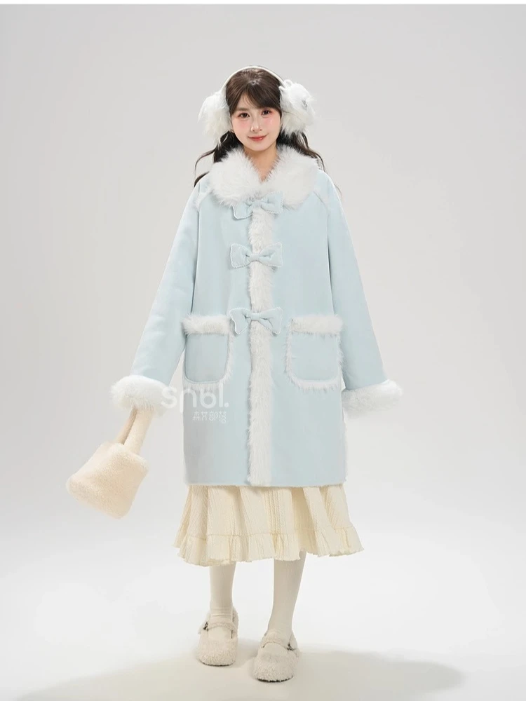 Japanese Style Elegant Sweet Girl Plush Loose Overcoat Patchwork Doll Collar Bow Loose Versatile Long Jackets Coat Women Winter