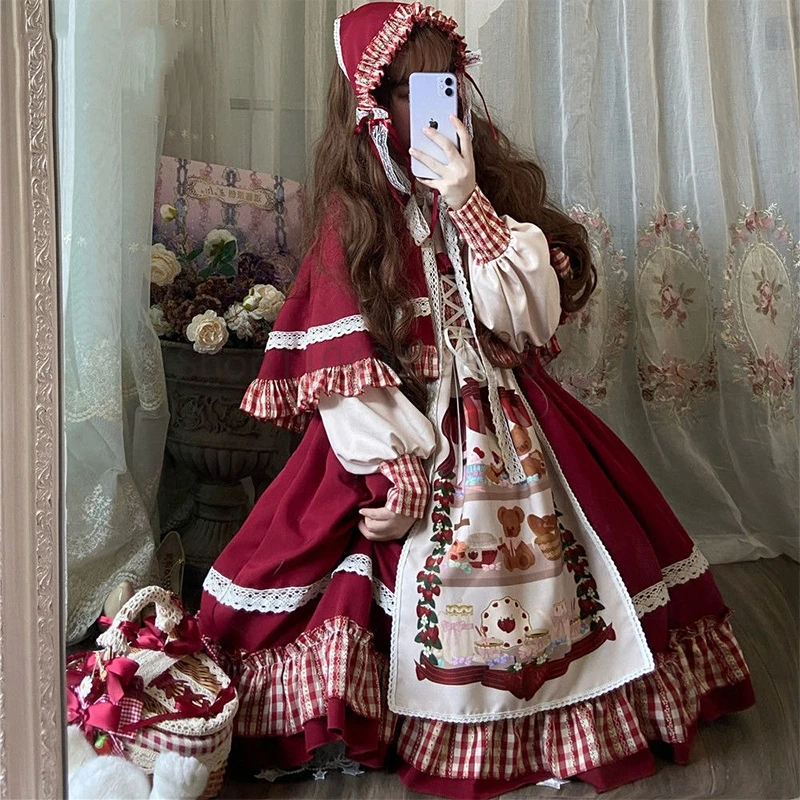 

Gothic Lolita Dress Victorian Fairy Tales Cosplay Christmas New Year Red Cape Girl Long Sleeve Dress