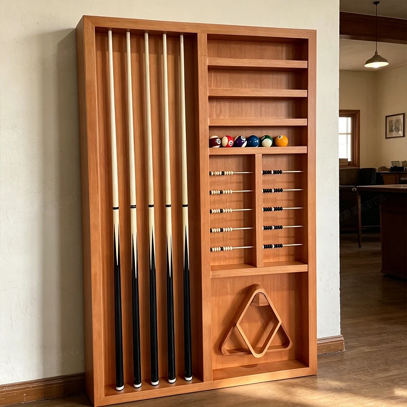 Solid Wood Pool Cue Rack, Wall Mounted, Multi-functional Billiard Cabinet, Ball Return, Triangle Chalk, Home Storage Organizer