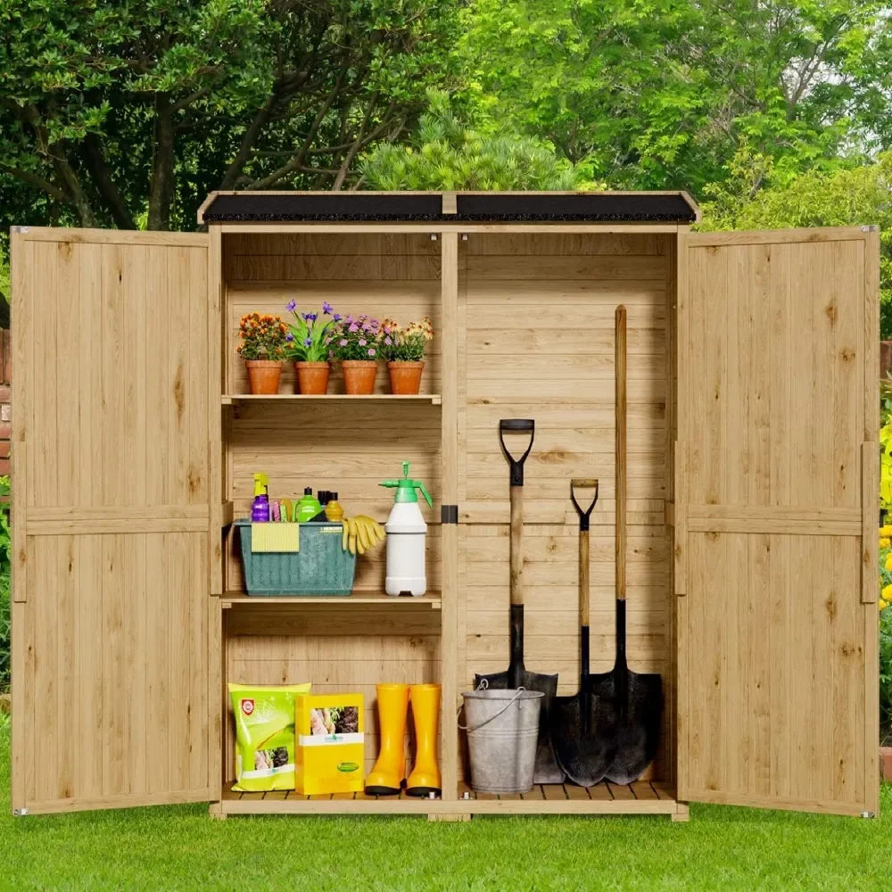 Outdoor Storage Cabinet with Waterproof Roof, Double Lockable Doors Garden Shed with 2 Removable Shelves