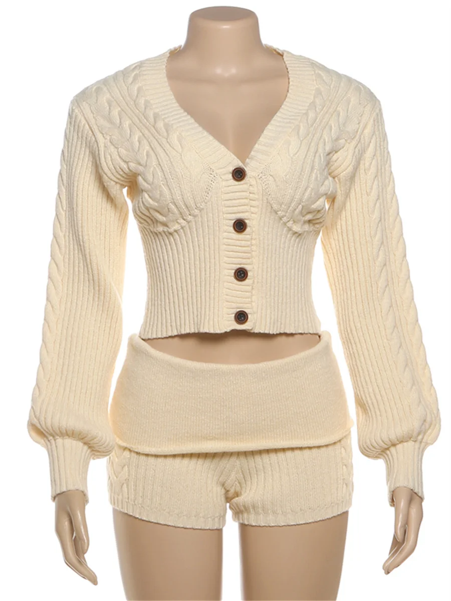 Whatiwear-Conjunto informal elegante de 2 piezas para mujer, Tops cortos de un solo pecho y pantalones cortos ajustados, trajes de estilo dulce Y2K, tendencia de otoño