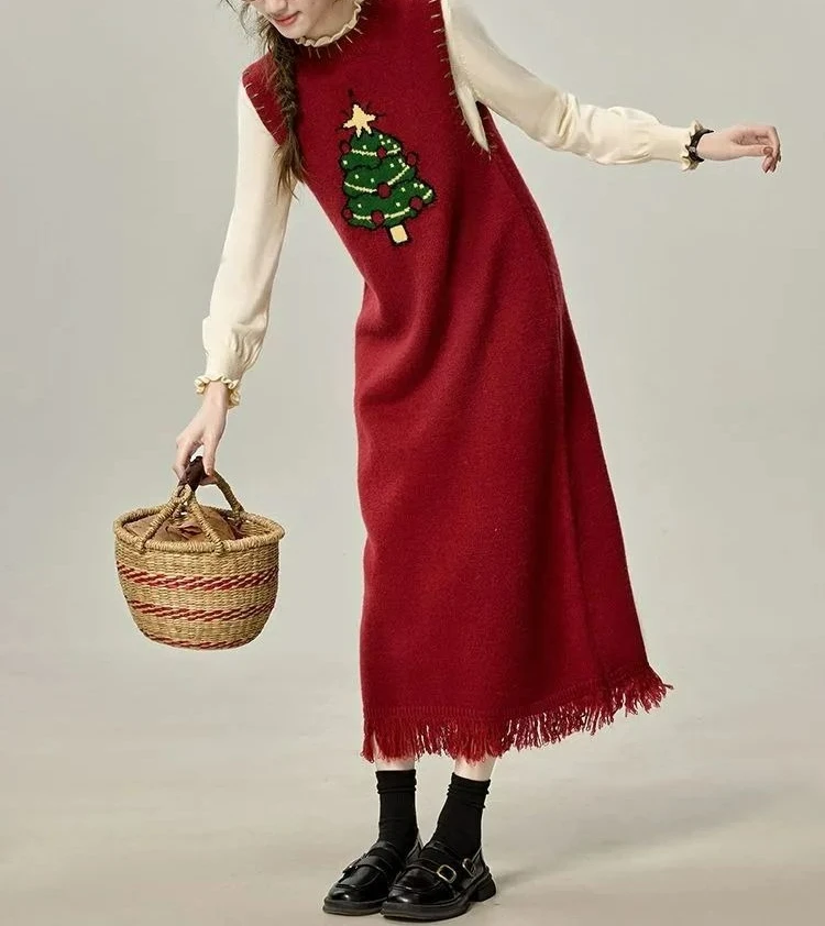 

Christmas Autumn and Winter Red Fringed Vest Knitted Dress Women's Stacked Design Sweater Skirt Excluding Lining