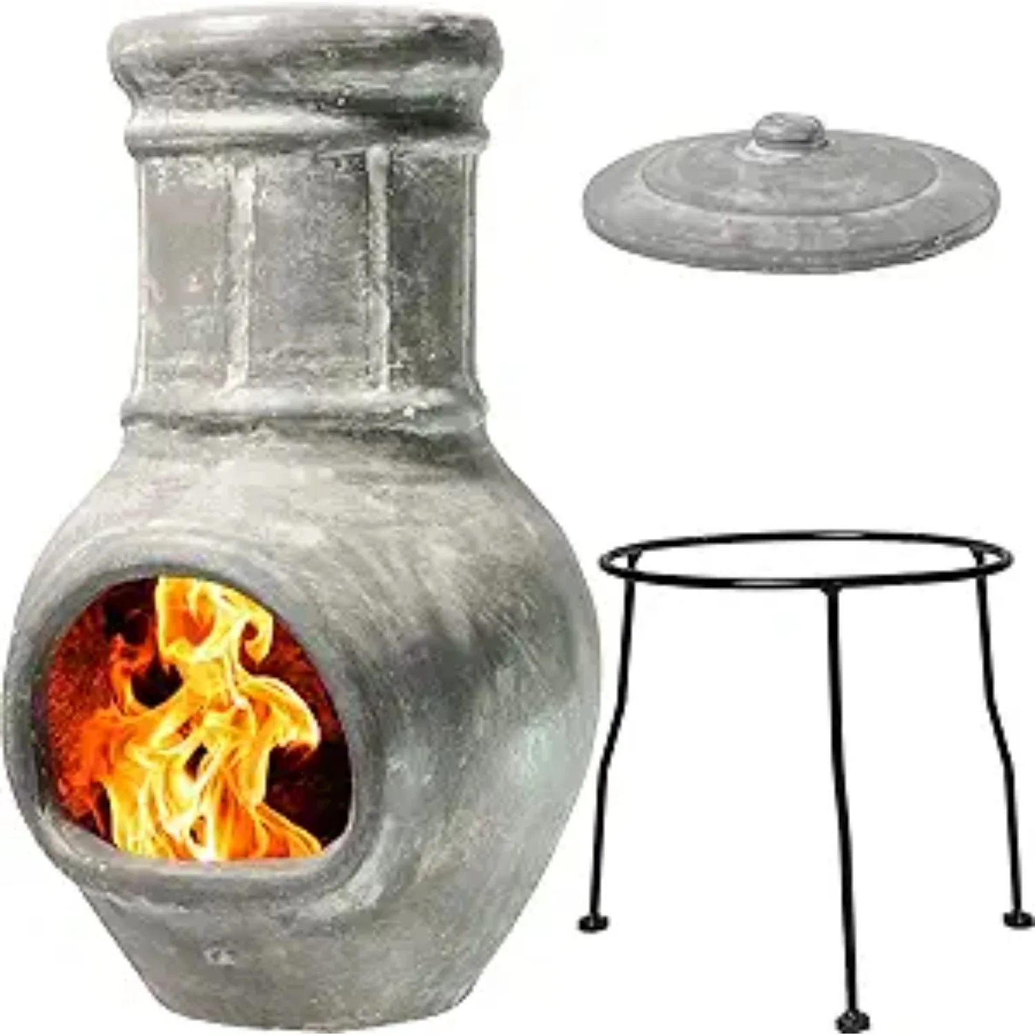 Small Chiminea Outdoor Fireplace Grey –Clay Chimineas with Chimney Rain Lids and Solid Metal Stands - Mini Terracotta Chimenea