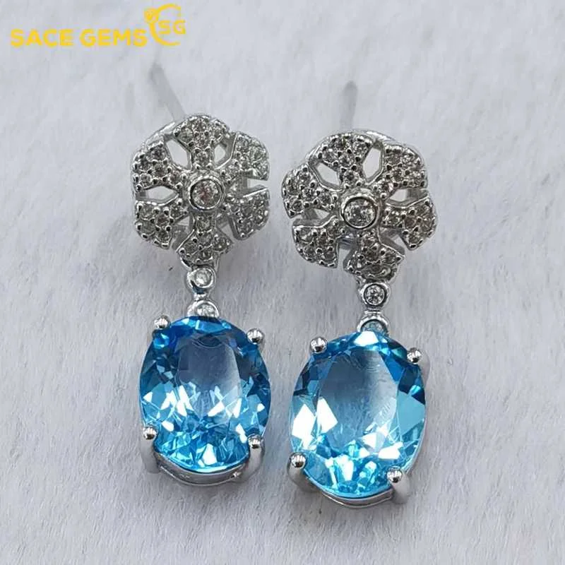 

SACE GEMS 2022 Trend Swiss Blue Topaz Earrings 925 Sterling Silver Big Drop Earrings for Women Wedding Engagement Fine Jewelry