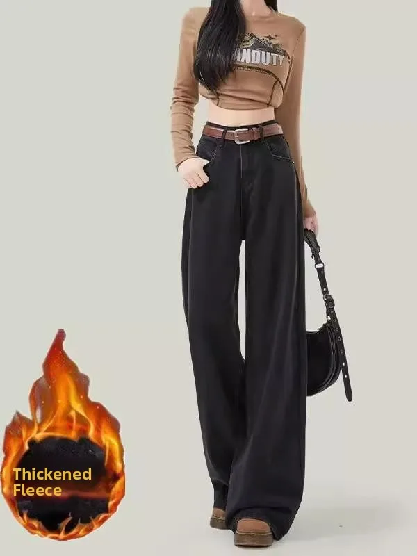 

High Waist Fleece Lined Straight Leg Denim Jeans Women's Winter Fashion plus Size Black Wide Leg Pants Conceal Flattering Lon...