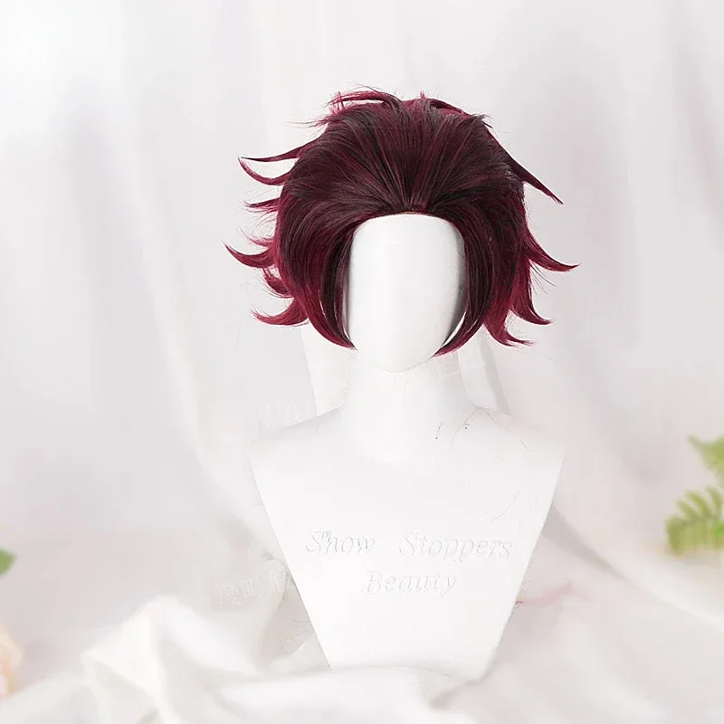 Peluca de Cosplay Kamado Tanjirou, peluca rizada corta sintética de color rojo oscuro, disfraz de Anime Demon Slayer, peluca de alta calidad para fiesta diaria
