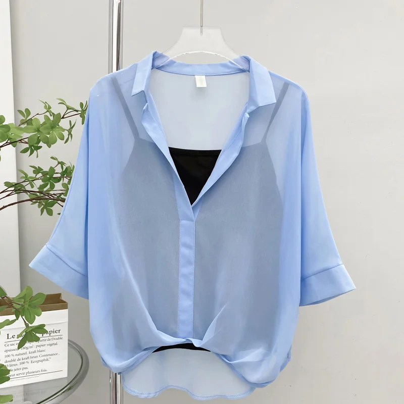 Camisa de gasa para mujer, camisa holgada de manga corta de murciélago, estilo coreano, novedad de verano, 2024