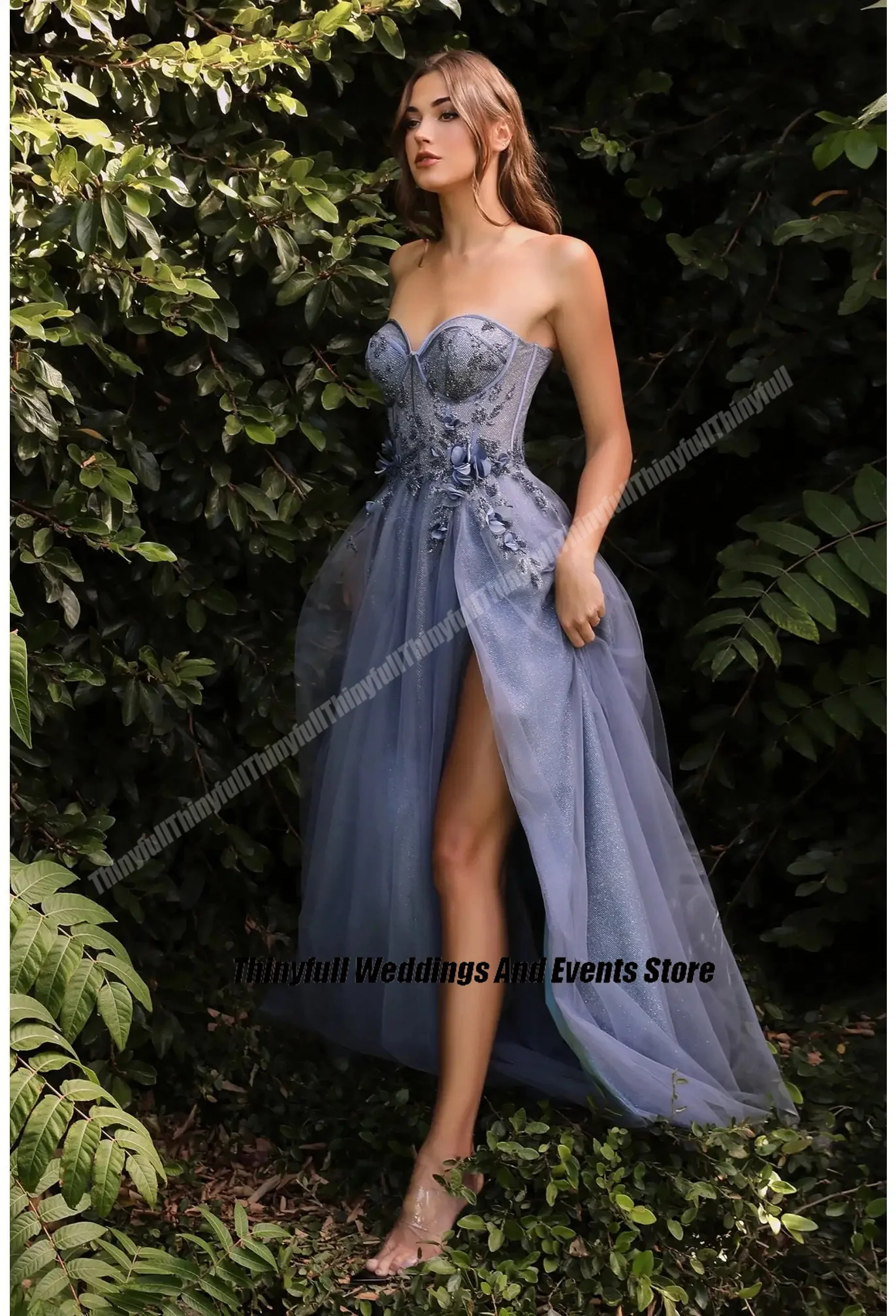 Thinyfull A-line Tulle Glitter Prom Dress Detachable Sleeves Sweetheart Evening Dress Split Special Occasion Gown Customized